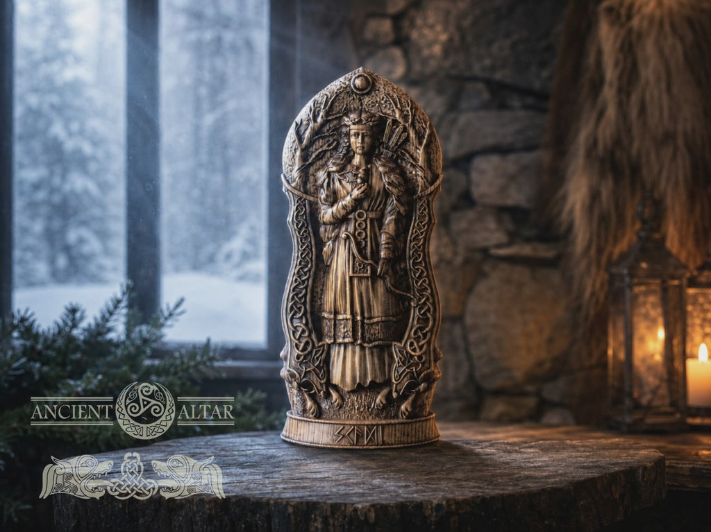 Skadi Statue – Oak Figurine of Norse Goddess of Winter, Mountains and Hunting – Pagan Altar Decor, Nordic Goddess of Independence