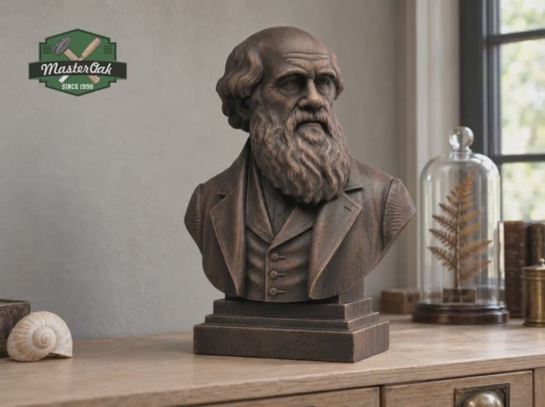 Charles Darwin Bust, Hand-Finished Wood Sculpture | Biology & Science Decor