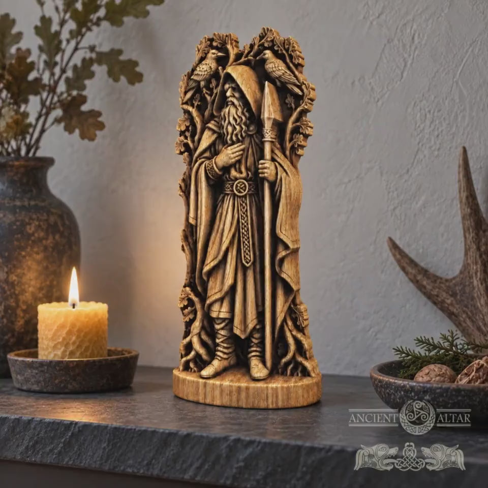 Hooded Odin Wooden Statue with Ravens, Norse Wanderer Figurine, Wotan Viking Sculpture, Pagan Altar Decor, Gungnir Gift
