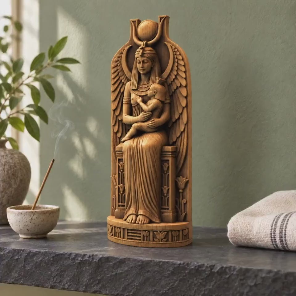 Isis and Horus Figurine, Egyptian Mother and Child Statue, Oak Wood Altar Decor, Seated Goddess Sculpture, Kemetic Gift
