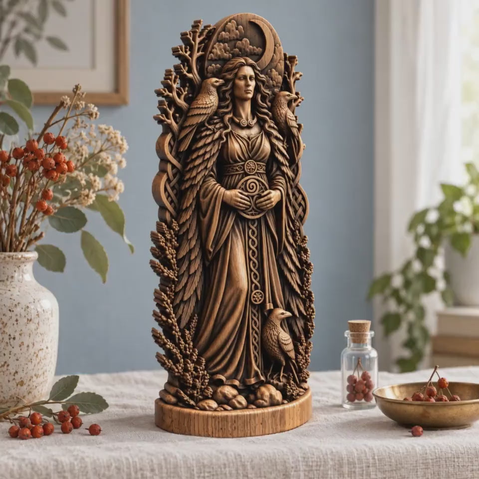 Morrigan Raven Queen Figurine, Celtic War Goddess Statue, Wooden Irish Deity, Dark Pagan Altar Decor, Witchcraft Gift