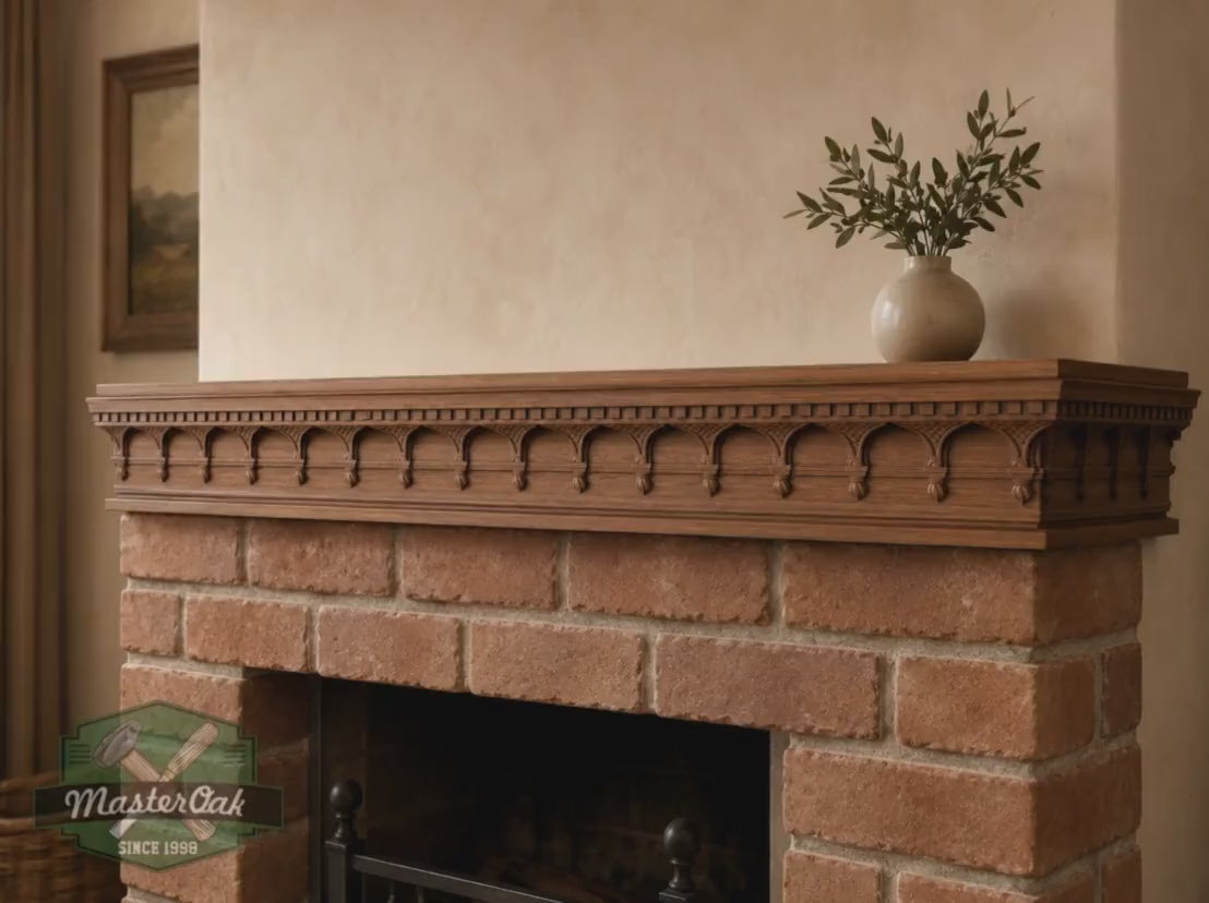 Carved Solid Oak Fireplace Mantel Shelf with Arched Arcade, Ornate Floating Wall Shelf, Classical Architectural Home Decor