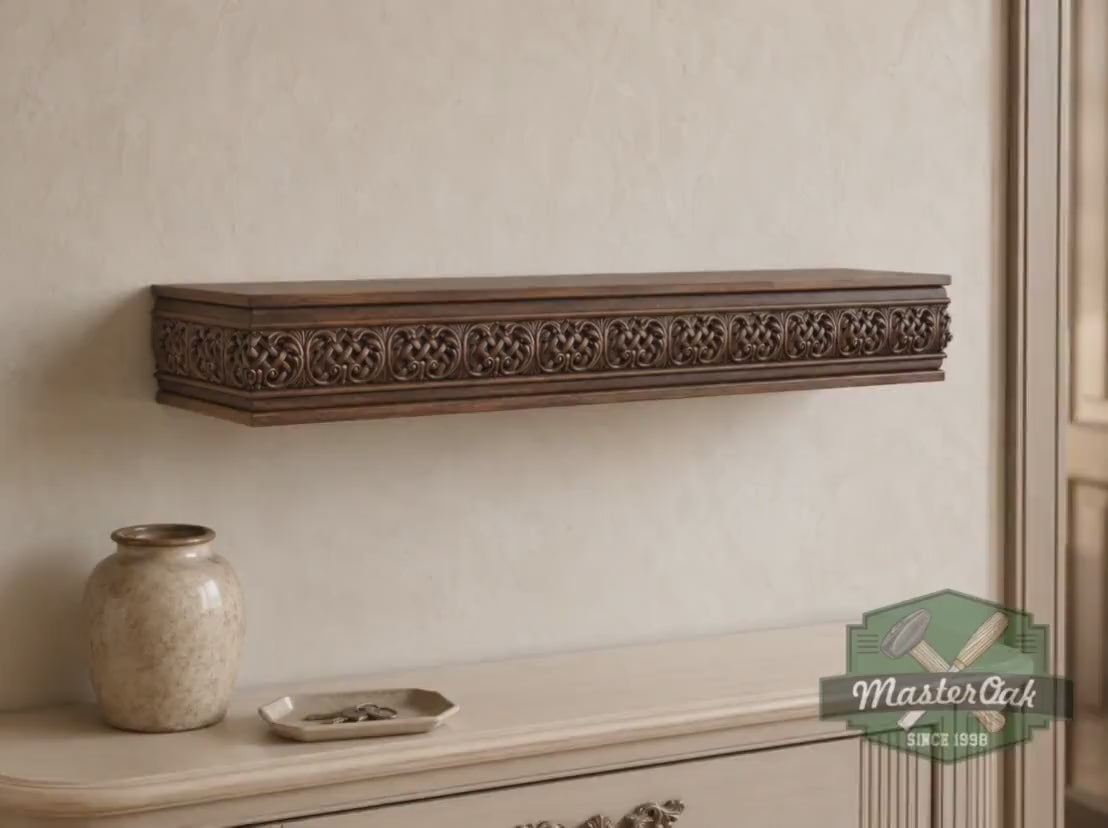 Carved Solid Oak Wall Shelf with Celtic Knot Pattern, Ornate Floating Shelf, Decorative Wood Display Shelf, Traditional Home Decor