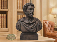 Load and play video in Gallery viewer, Marcus Aurelius Bust, Hand-Finished Wood Sculpture | Stoic Philosophy Decor
