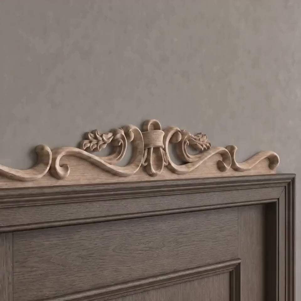 Classical Wood Door Header, Ribbon and Scroll Wood Applique for Above Door Decor, Decorative Pediment over Door