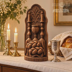 Shabbat Table Oak Wood Sculpture, Challah Kiddush Cup and Candles Relief, Judaica Home Decor, Jewish Wedding Gift