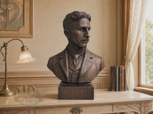 Load and play video in Gallery viewer, Nikola Tesla Bust, Hand-Finished Wood Sculpture | Inventor Decor
