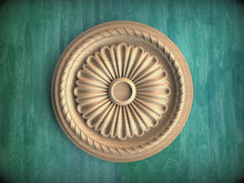 Load and play video in Gallery viewer, Classic Wooden Ceiling Rosette, Sunburst Carved Design, Elegant Home Feature, 1 pc, Unpainted, Decorative Rosettes
