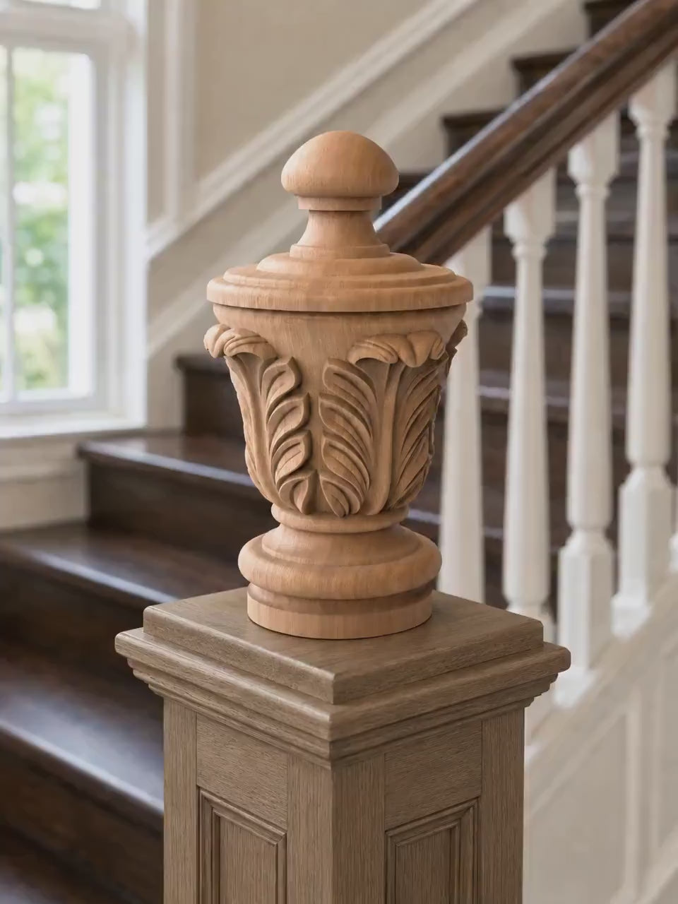 Unpainted Hardwood Finial with Acanthus Leaves, Newel Post Cap