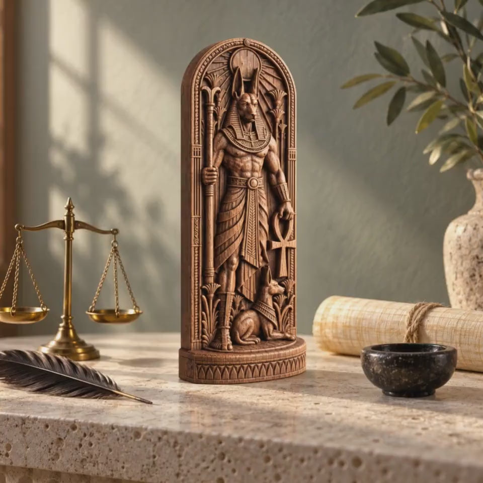 Anubis Temple Shrine Statue – Egyptian Jackal God with Ankh, Carved Wooden Altar Decor, Ancient Egypt Gift