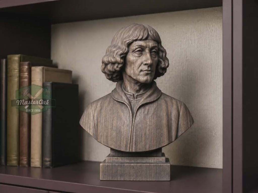 Nicolaus Copernicus Bust, Hand-Finished Wood Sculpture | Astronomy Decor