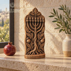 Tree of Life Menorah Sculpture, Solid Oak Judaica with Pomegranates and Olive Branches, Jewish Home Decor, Housewarming Gift