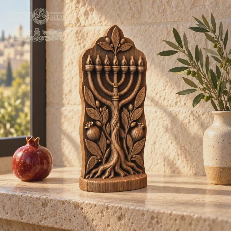 Tree of Life Menorah Sculpture, Solid Oak Judaica with Pomegranates and Olive Branches, Jewish Home Decor, Housewarming Gift