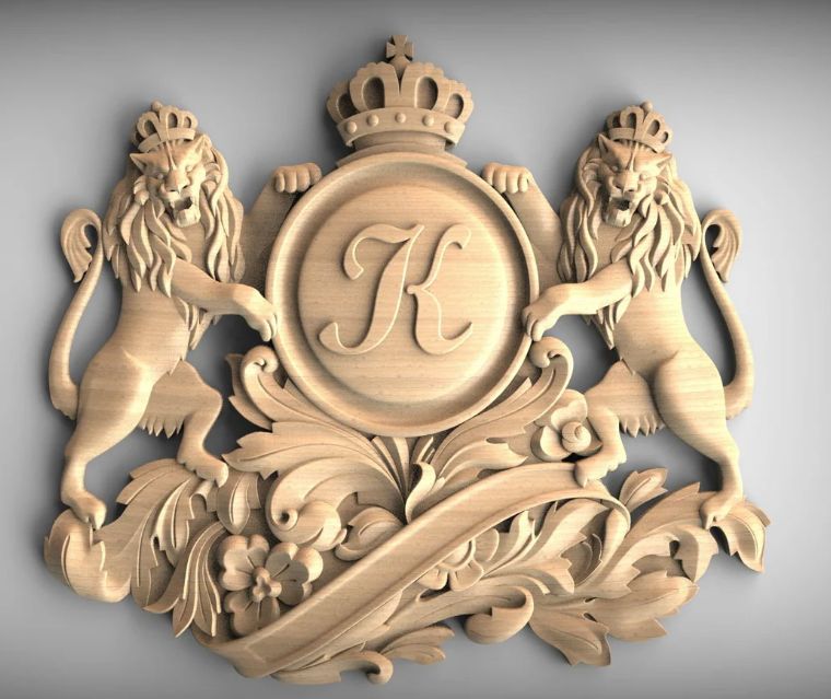 Custom order. Wooden Coat of Arms Plaque with Crowned Lions and Monogram letter K, Personalized family coat of arms,Home Wall Embellishments, Wood onlays 12x10.6''/30.5x27cm, Unpainted, Oak