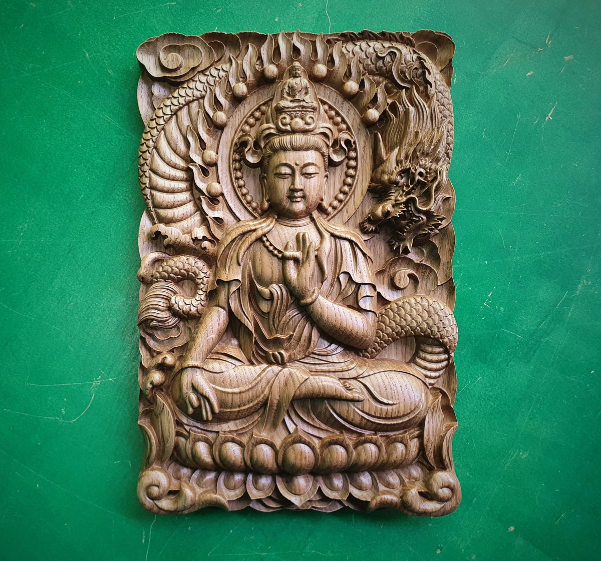 Guanyin and Dragon, Kuan Yin, wooden carving wall art