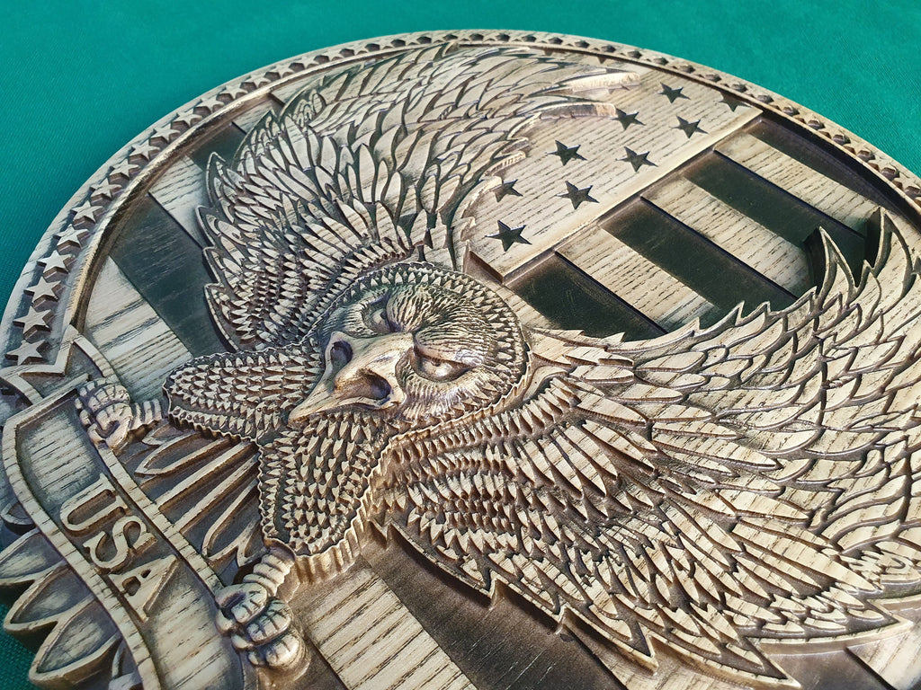 USA Eagle made of wood, Coat of Arms of USA, american flag with eagle, Wall hanging carved wood painting