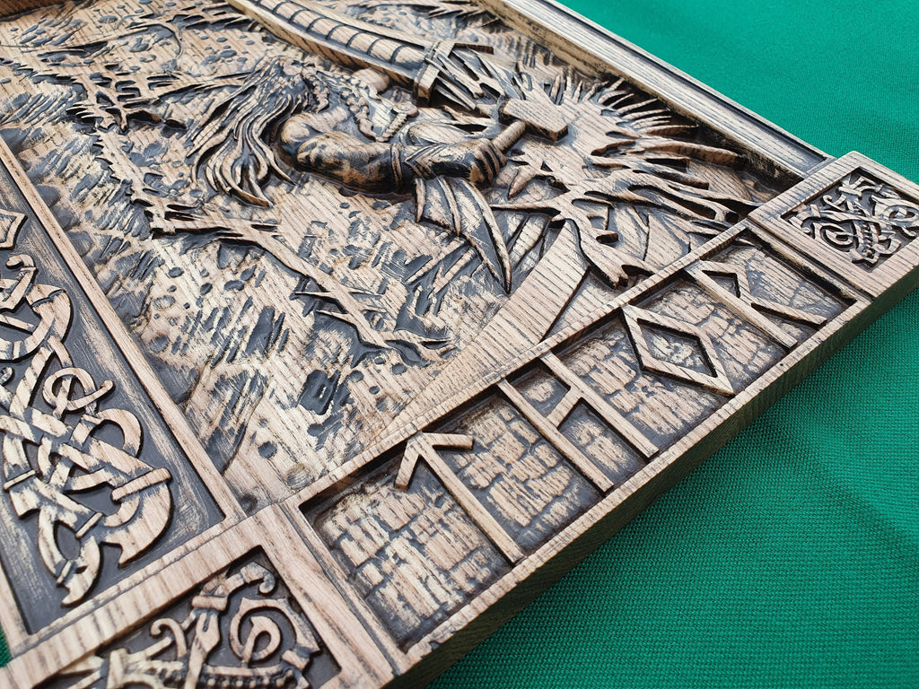 Thor statue, Ragnarok,  Mjollnir, norse gods, wood carving altar heathen asatru viking god and goddes sculpture wooden scandinavian pantheon