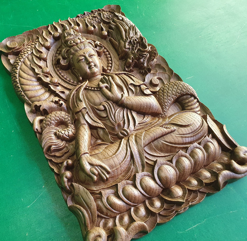 Guanyin and Dragon, Kuan Yin, wooden carving wall art