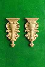 Load image into Gallery viewer, Carved Wooden Corbels Unpainted, Set 2pc, Home Wall Embellishments, wood onlays, wood wall art decor
