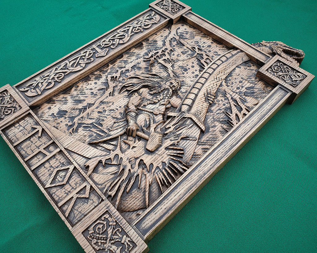 Thor statue, Ragnarok,  Mjollnir, norse gods, wood carving altar heathen asatru viking god and goddes sculpture wooden scandinavian pantheon