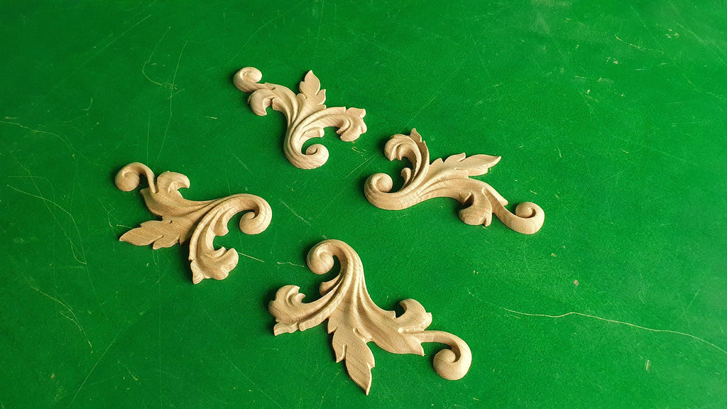 Carved Corners Unpainted, Set of 4pc, Home Wall Embellishments, wood onlays, wood wall art decor