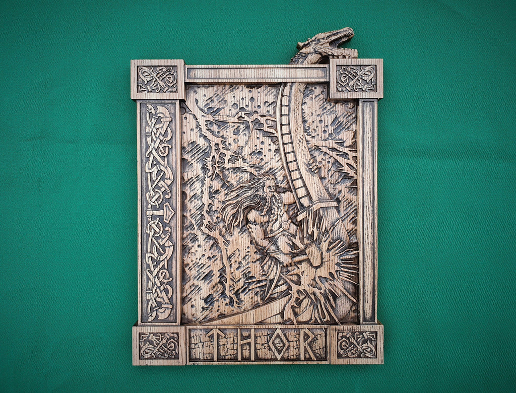 Thor statue, Ragnarok,  Mjollnir, norse gods, wood carving altar heathen asatru viking god and goddes sculpture wooden scandinavian pantheon