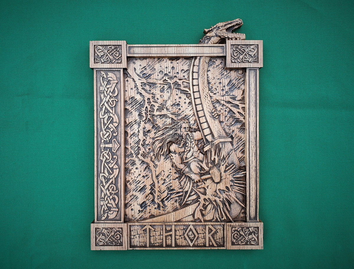 Thor statue, Ragnarok,  Mjollnir, norse gods, wood carving altar heathen asatru viking god and goddes sculpture wooden scandinavian pantheon