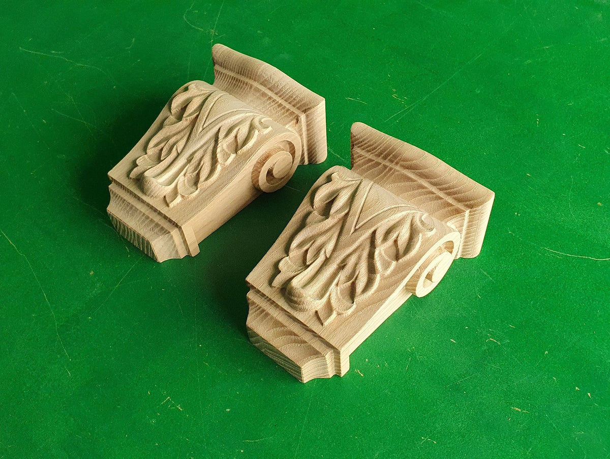 Carved Decorative Wooden Corbel Pair, Antique Wood Shelf Bracket, Cornice Corbel Entablature