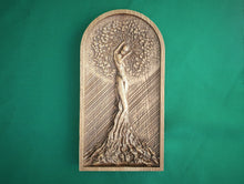 Load image into Gallery viewer, The Girl in the Tree, wooden carving, wall hangign, wall panno, gift for her
