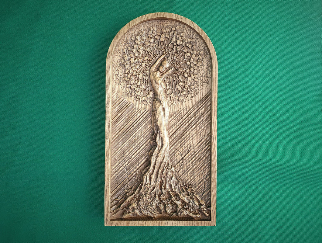 The Girl in the Tree, wooden carving, wall hangign, wall panno, gift for her