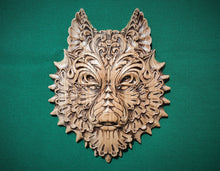 Load image into Gallery viewer, Carved Wolf, Celtic wood carving, Viking carving, Celtic art, Wall art, Wall decor, Wall hanging

