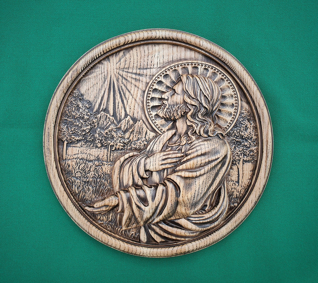 Jesus praying, wood painting in the round frame, wall hanging religious panno, religious gift
