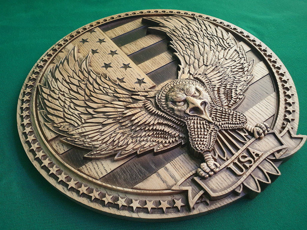 USA Eagle made of wood, Coat of Arms of USA, american flag with eagle, Wall hanging carved wood painting
