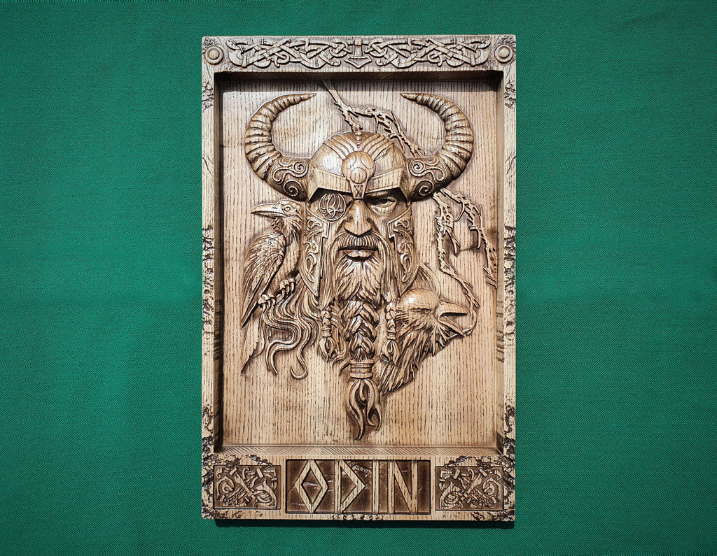 God ODIN with helmet , Scandinavian God,  Celtic wood carving, Viking carving, wooden carving