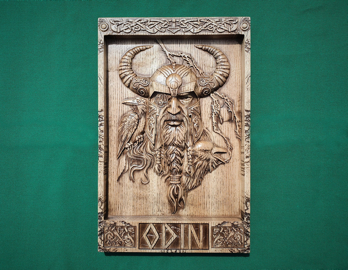 God ODIN with helmet , Scandinavian God,  Celtic wood carving, Viking carving, wooden carving