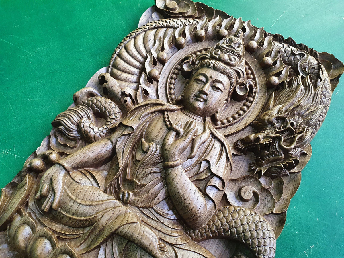 Guanyin and Dragon, Kuan Yin, wooden carving wall art