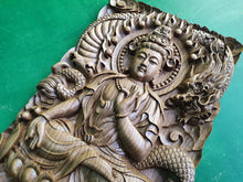 Load image into Gallery viewer, Guanyin and Dragon, Kuan Yin, wooden carving wall art

