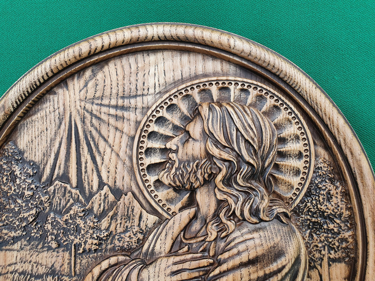 Jesus praying, wood painting in the round frame, wall hanging religious panno, religious gift
