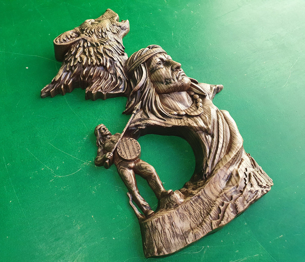 Indian Ballad, Red Man with wolf, wooden carving, wall hangign, wall panno