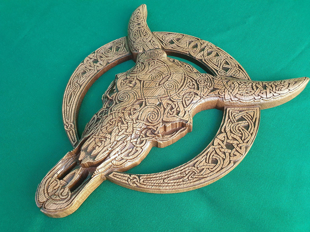 Carved Cow Skull of wood,  Celtic Cow Skull, Celtic wood carving, Viking carving, wall art, wall hanging