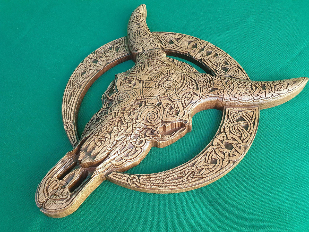 Carved Cow Skull of wood,  Celtic Cow Skull, Celtic wood carving, Viking carving, wall art, wall hanging