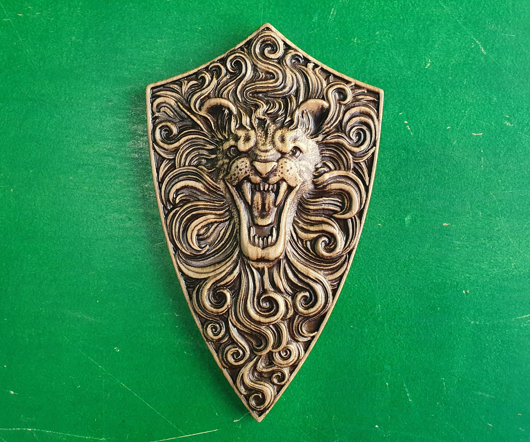Lion on Shield, carved lion shield, viking shield, wooden carving, wall hangign, wall panno