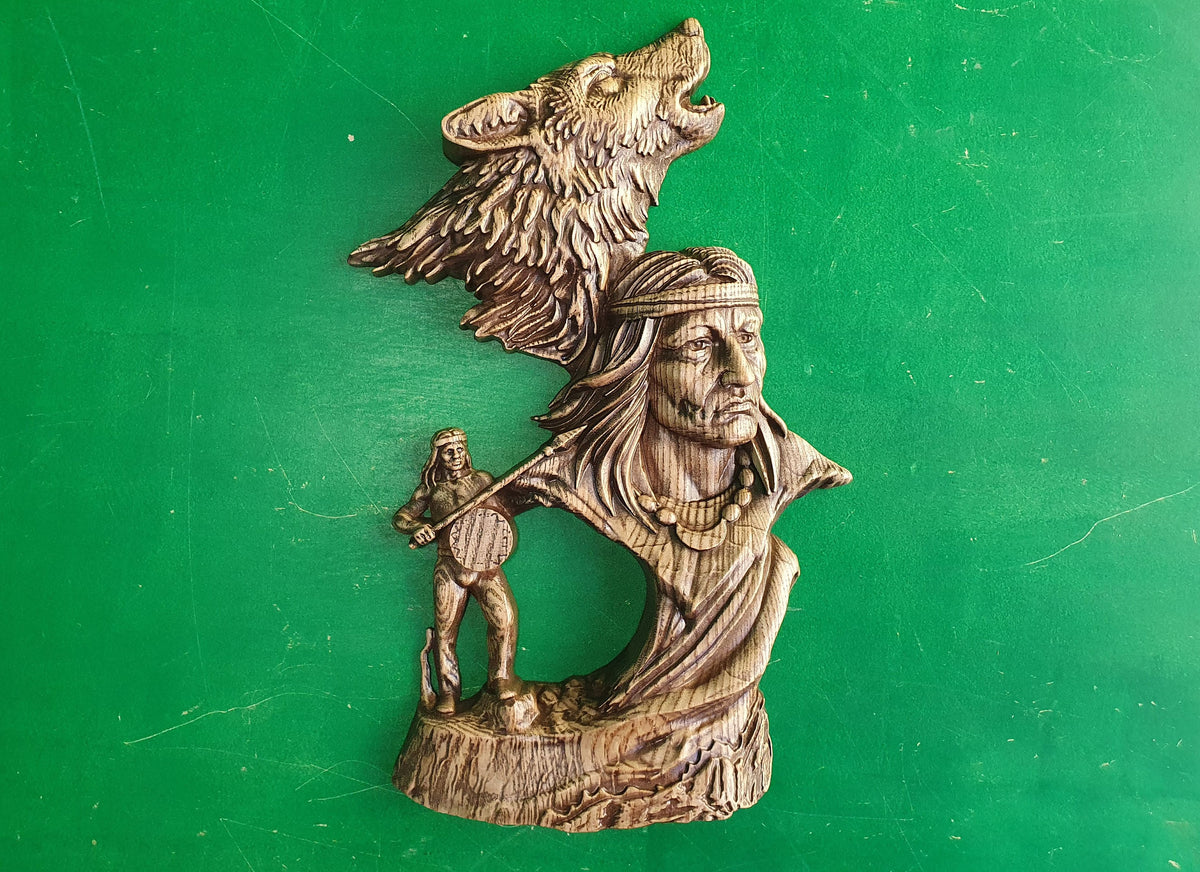 Indian Ballad, Red Man with wolf, wooden carving, wall hangign, wall panno