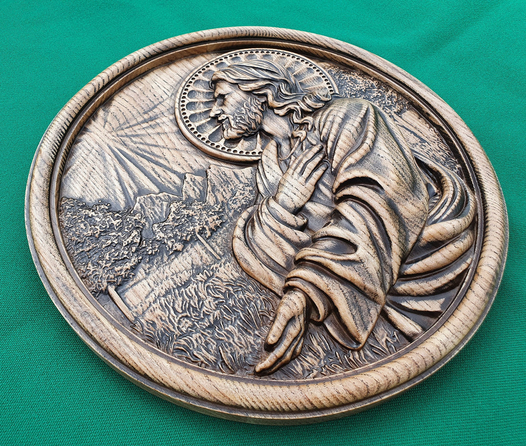 Jesus praying, wood painting in the round frame, wall hanging religious panno, religious gift
