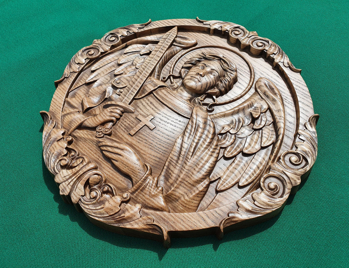 Saint Archangel Michael wood carving decor, wall hanging religious panno, religious gift, christian gift