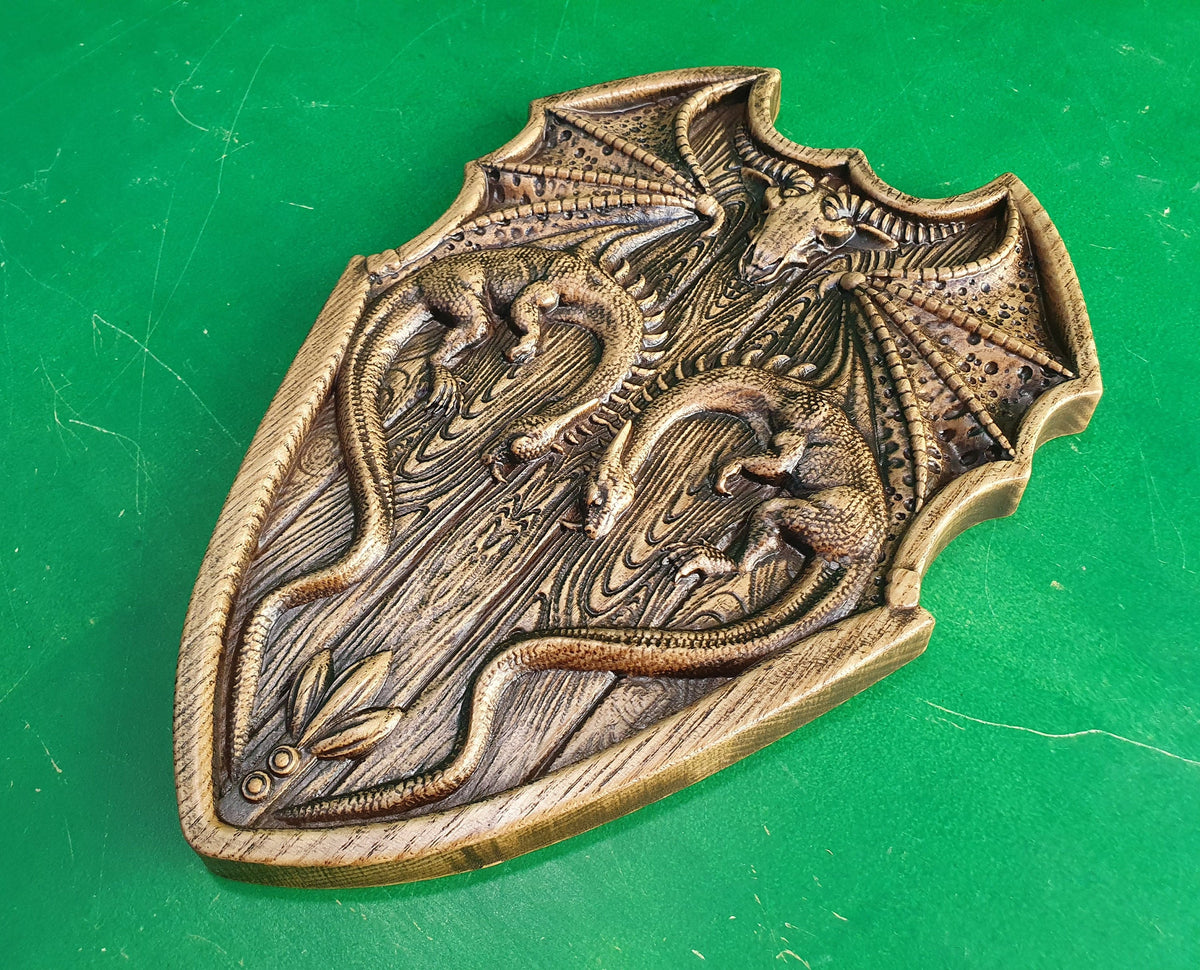 Dragons on Shield, two dragons, wooden carving, wall hangign, wall panno, wall art, wall decor