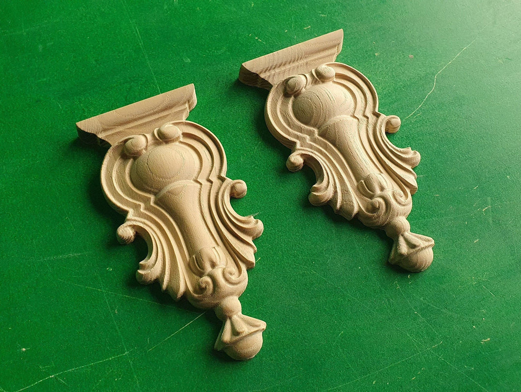 Carved Wooden Corbels Unpainted, Set 2pc, Home Wall Embellishments, wood onlays, wood wall art decor