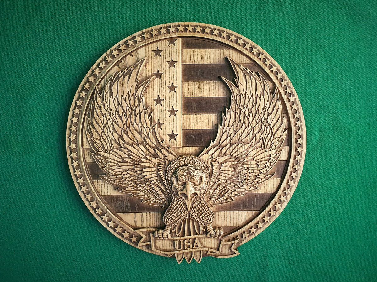 USA Eagle made of wood, Coat of Arms of USA, american flag with eagle, Wall hanging carved wood painting