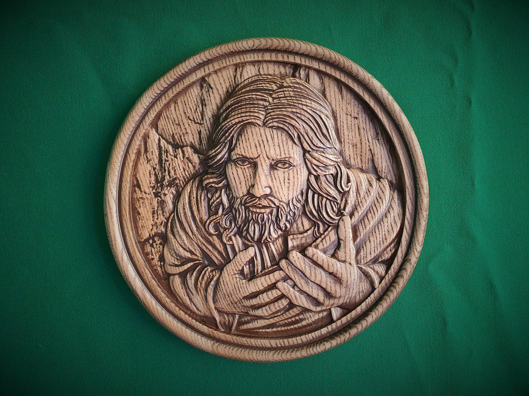 Jesus Christ wood painting in the round frame, wall hanging religious panno