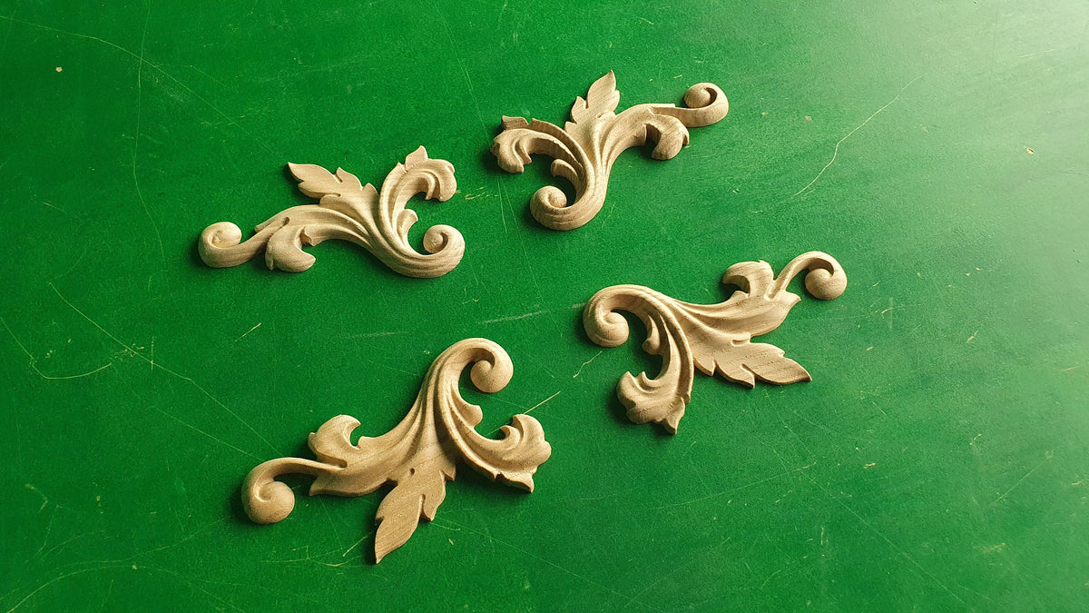 Carved Corners Unpainted, Set of 4pc, Home Wall Embellishments, wood onlays, wood wall art decor